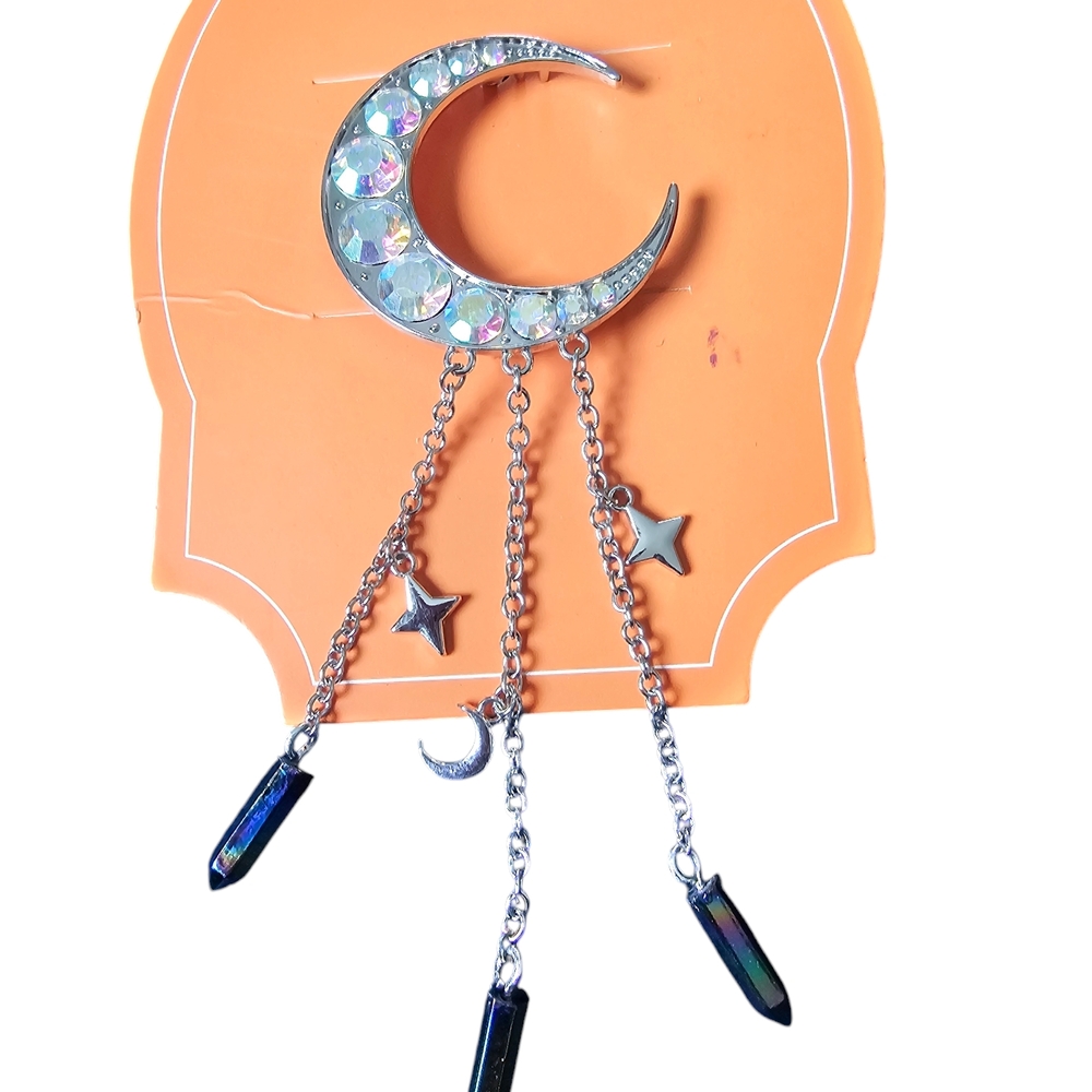 Silver Crescent Moon Hair Clip with Chains - Picture 4 of 4